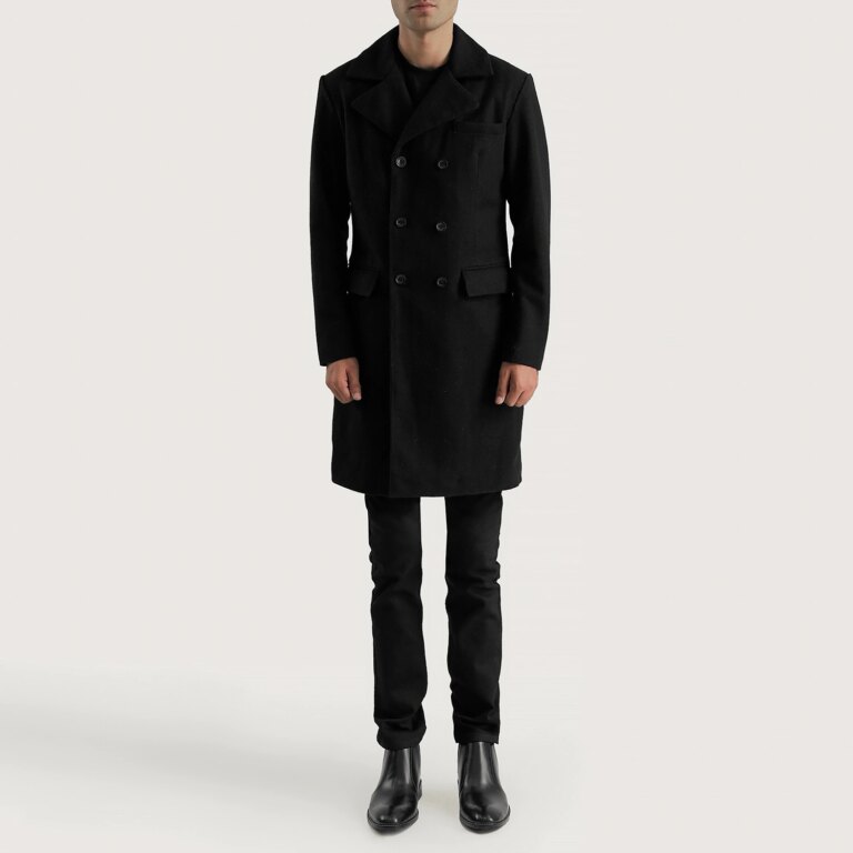 Mens Claud Black Wool Double Breasted Coat Full Length-2-1700233323879